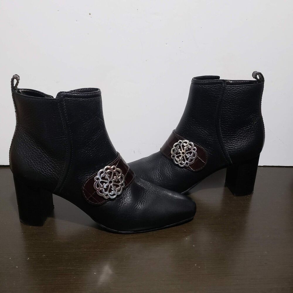 Brighton Rory Black Leather Zip Ankle Boot Botties Silver Buckle Block Heel 7,5